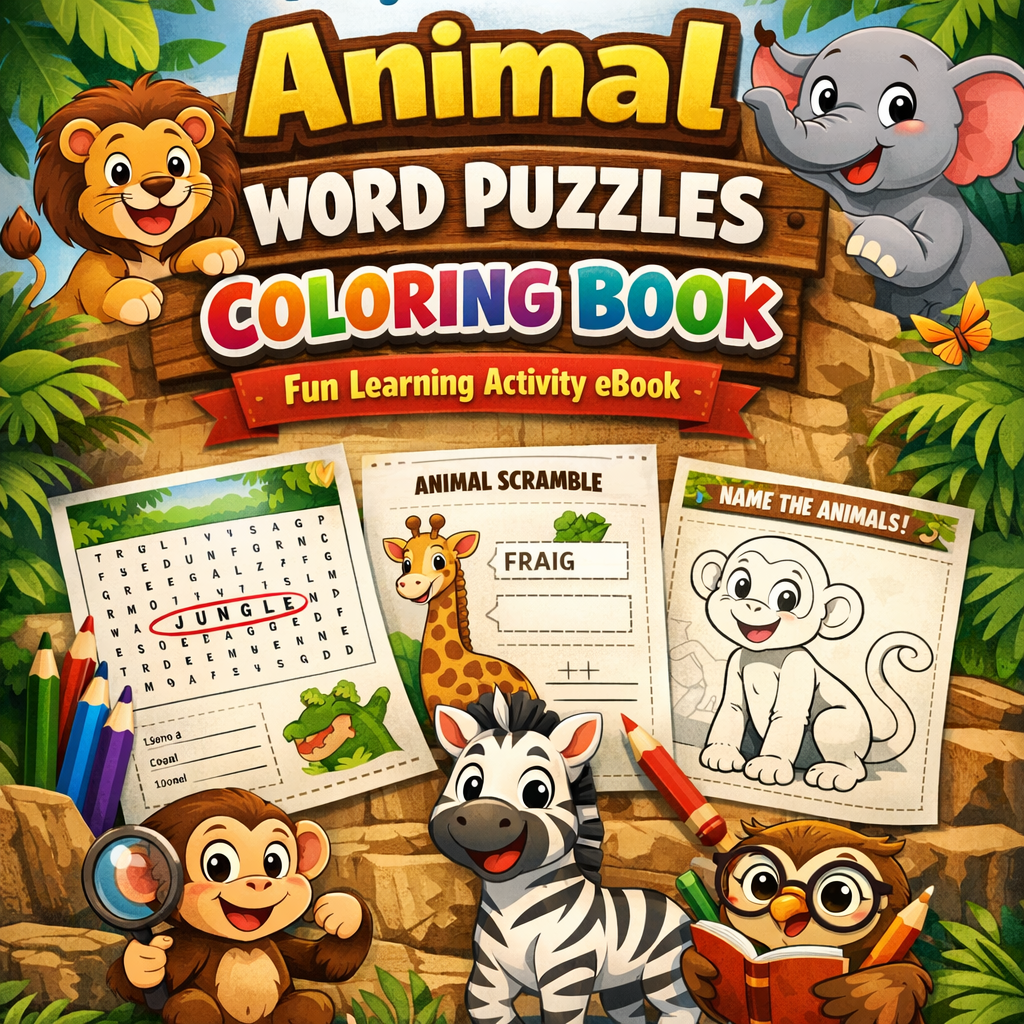 PayBokPack Animal Word Puzzles Coloring Book – Fun Learning Activity eBook | Smart Guide Pack